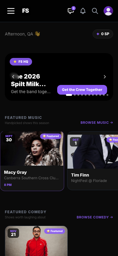 The For Sure app home feed, showing tonight's real Canberra gigs
